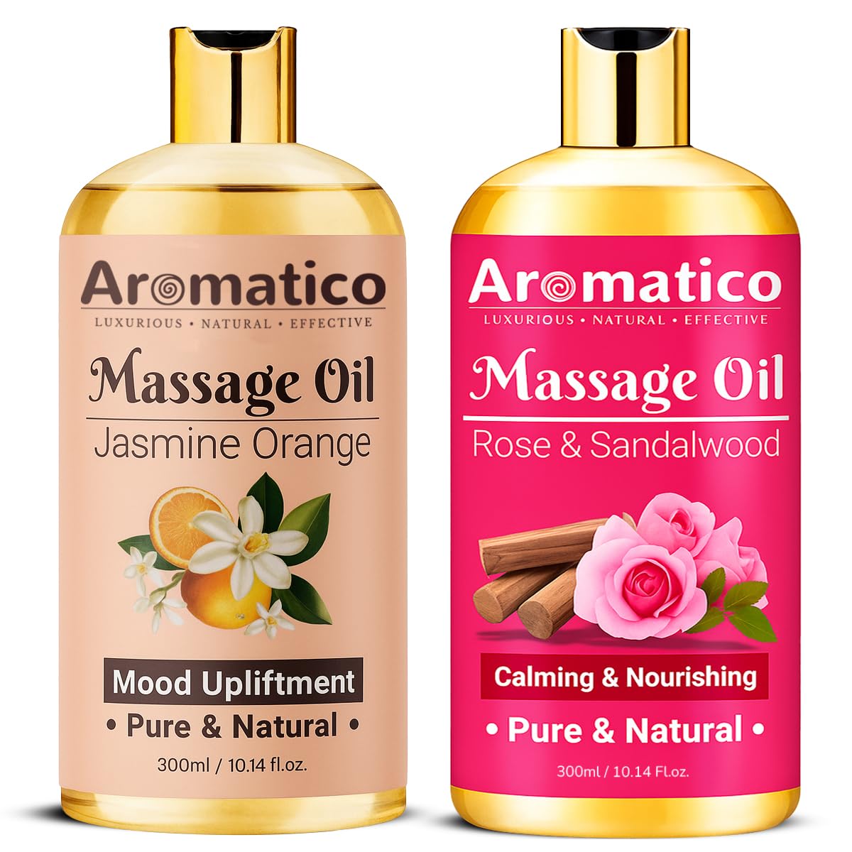 AROMATICO Rose Sandalwood & Jasmine Orange Massage Oils Pack of 2. For Mood Upliftment, Soothing Aroma, Muscle Relaxation & Skin Nourishment, 100% Natural, Non-Sticky - 300ml