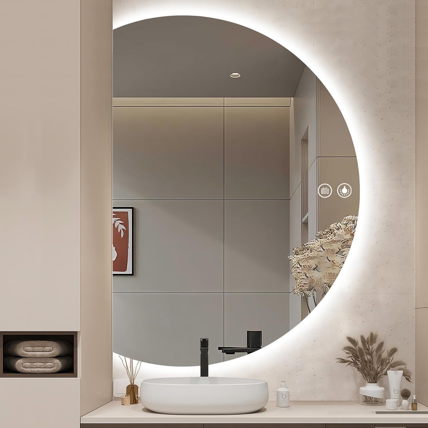 40"×28" LED Bathroom Mirror with Lights, Asymmetrical Smart Vanity Mirrors Wall-Mounted with Backlit, Anti-Fog Half Moon Mirror, Stepless Dimmable-3 Colors-Tempered Glass A-left Cut 28"L x 40"W