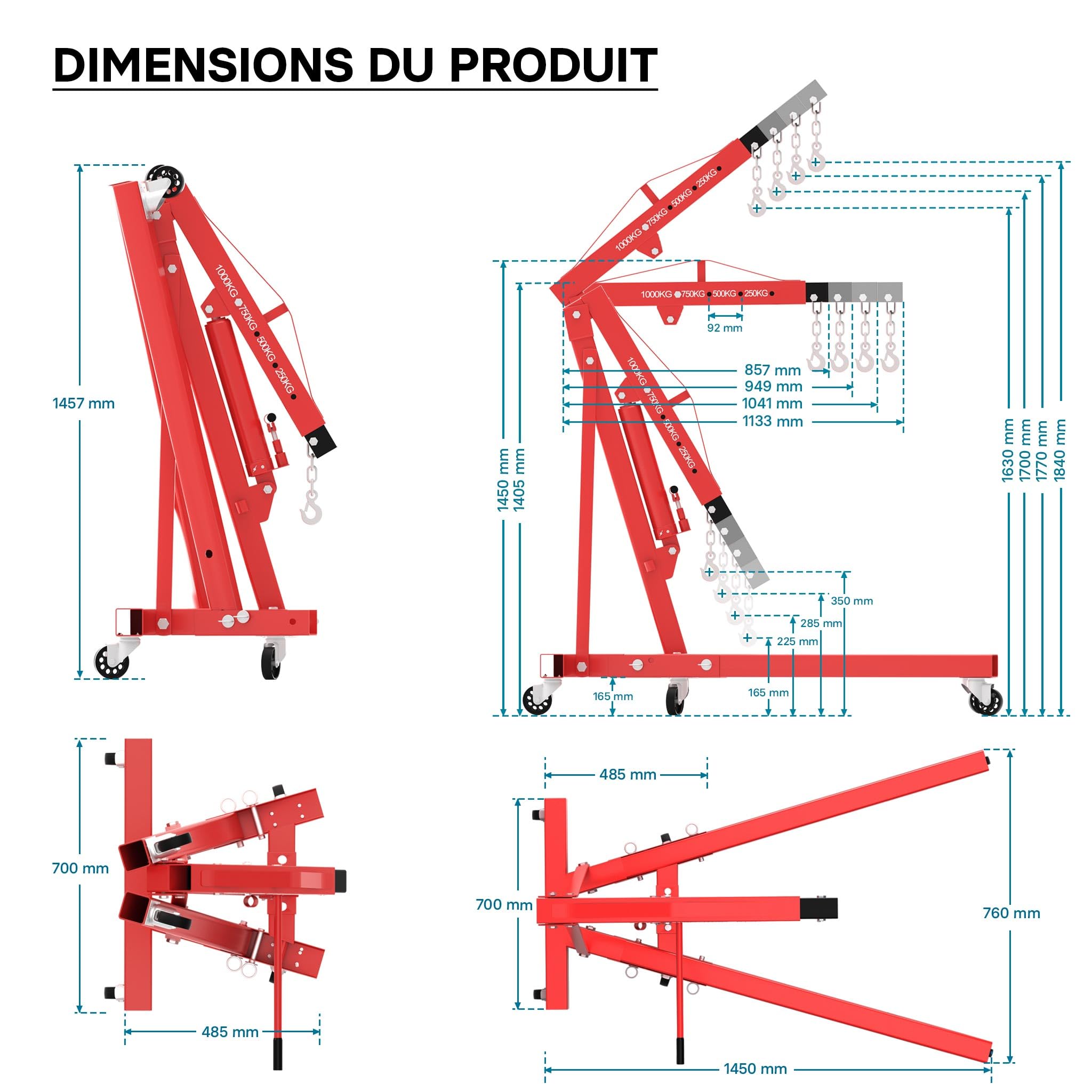 Wiltec Grue d’Atelier – Capacité Max. 1000 kg – Hauteur Max. 1840 mm – Bras Levage 857-1133 mm – Chèvre d’Atelier en Acier – Lève-Moteur Hydraulique Pompe Double Dispositif de Levage