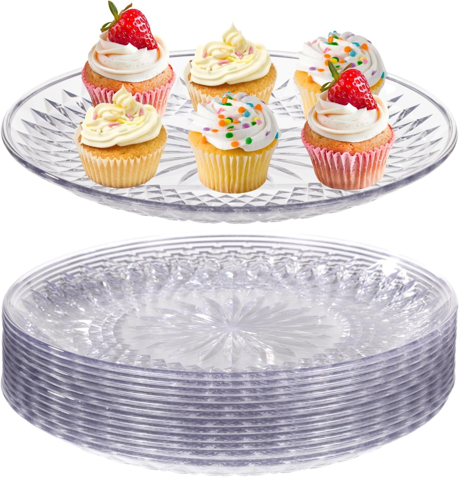 12 Pcs Round Plastic Serving Platters, 12" Clear PET Serving Trays, Stackable Plastic Plates, Crystal-clear Flan Plates for Desserts, Cupcakes, Snacks, Ideal for Weddings, Parties, and Home