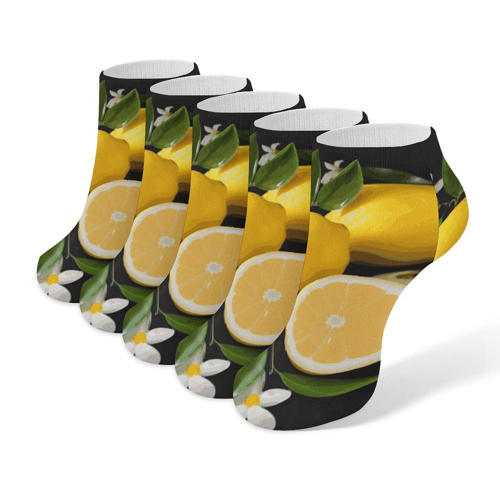 Lemon And Flower Ankle Socks for Men & Women, 5 Pairs Breathable Soft Low Cut Socks, Stretch Sweat Wicking Sox