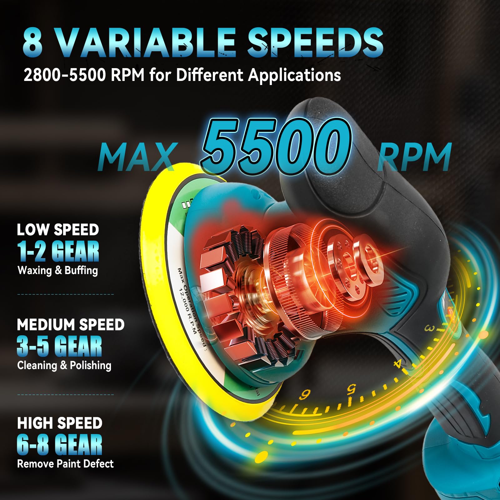 Pulidora inalámbrica para coche Makita, sin escobillas de 6 pulgadas, 8 velocidades variables, 5500 rpm, pulidora excéntrica para detalles de coche, depilación de arañazos (sin batería)