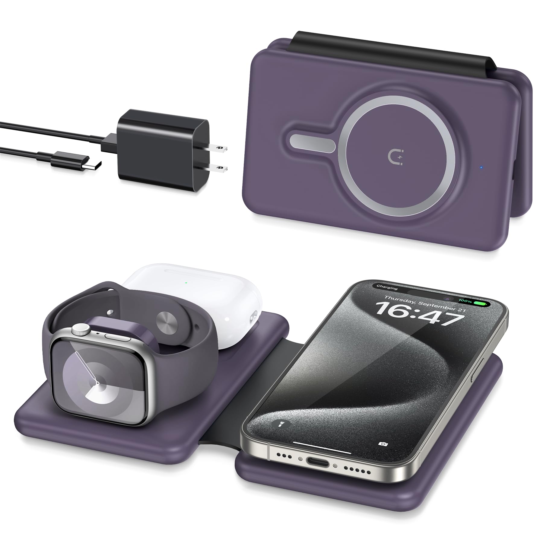 Wireless Charger iPhone - 3 in 1 Charging Station for Apple Devices for iPhone 17 16 15 14 13 12 Pro Max Plus - Foldable Magnetic Charging Pad for