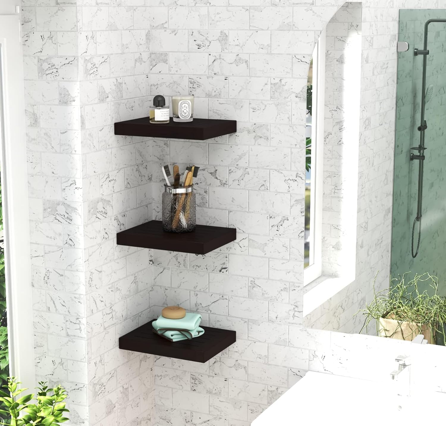 AquaTeak 12" Moa Mocha-Shield Teak Floating Wall Shelf
