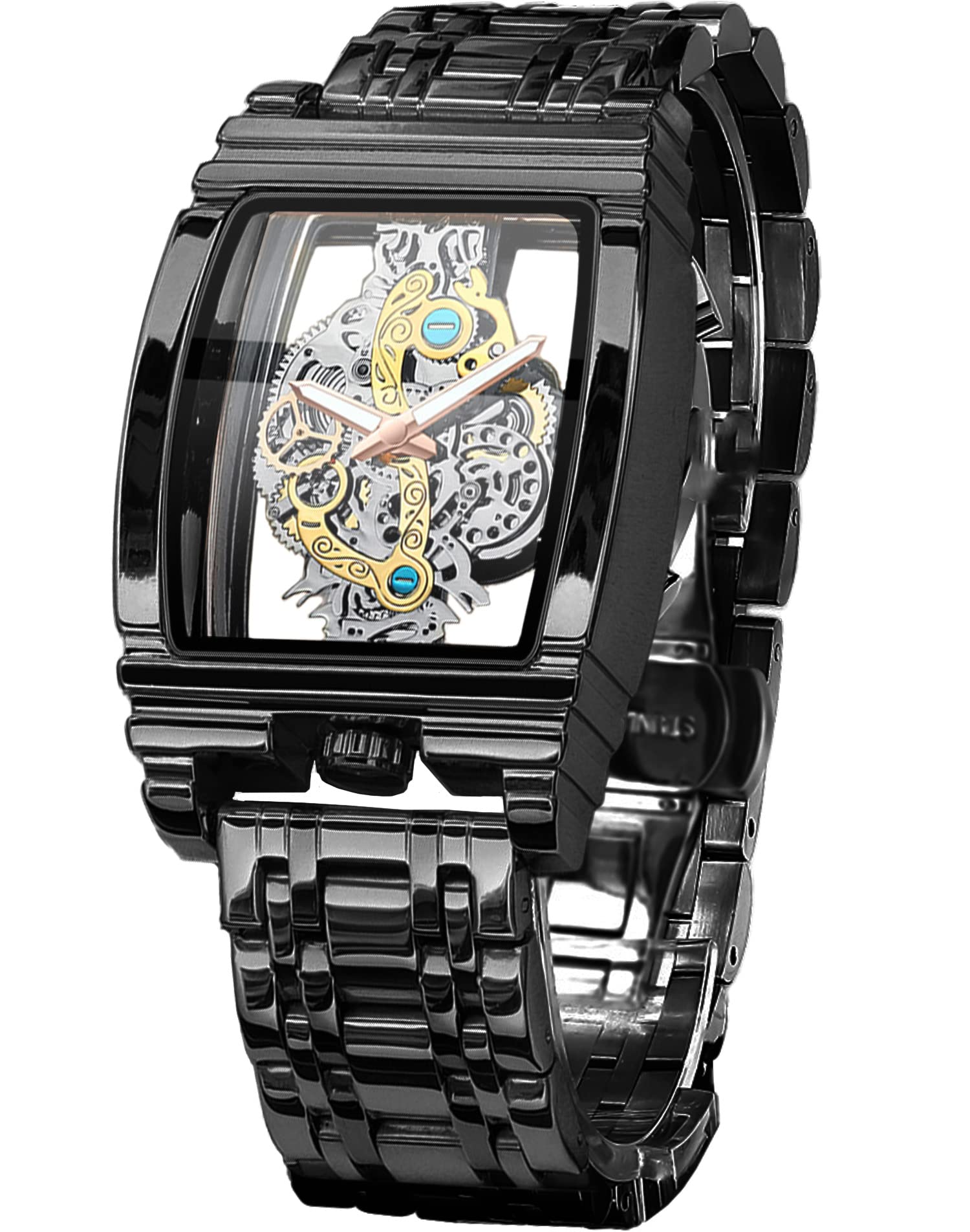 FORSINING Mens Luxury Hollow Skeleton Watch Retro Gorgeous Gear Carving Design Rectangle Tonneau Large Dial Leather Belt & Stainless Steel Band Quartz Wristwatch Not Mechanical Watches, black, Retro (B0BX8PG4JL) Amazon Price History, Amazon Price Tracker