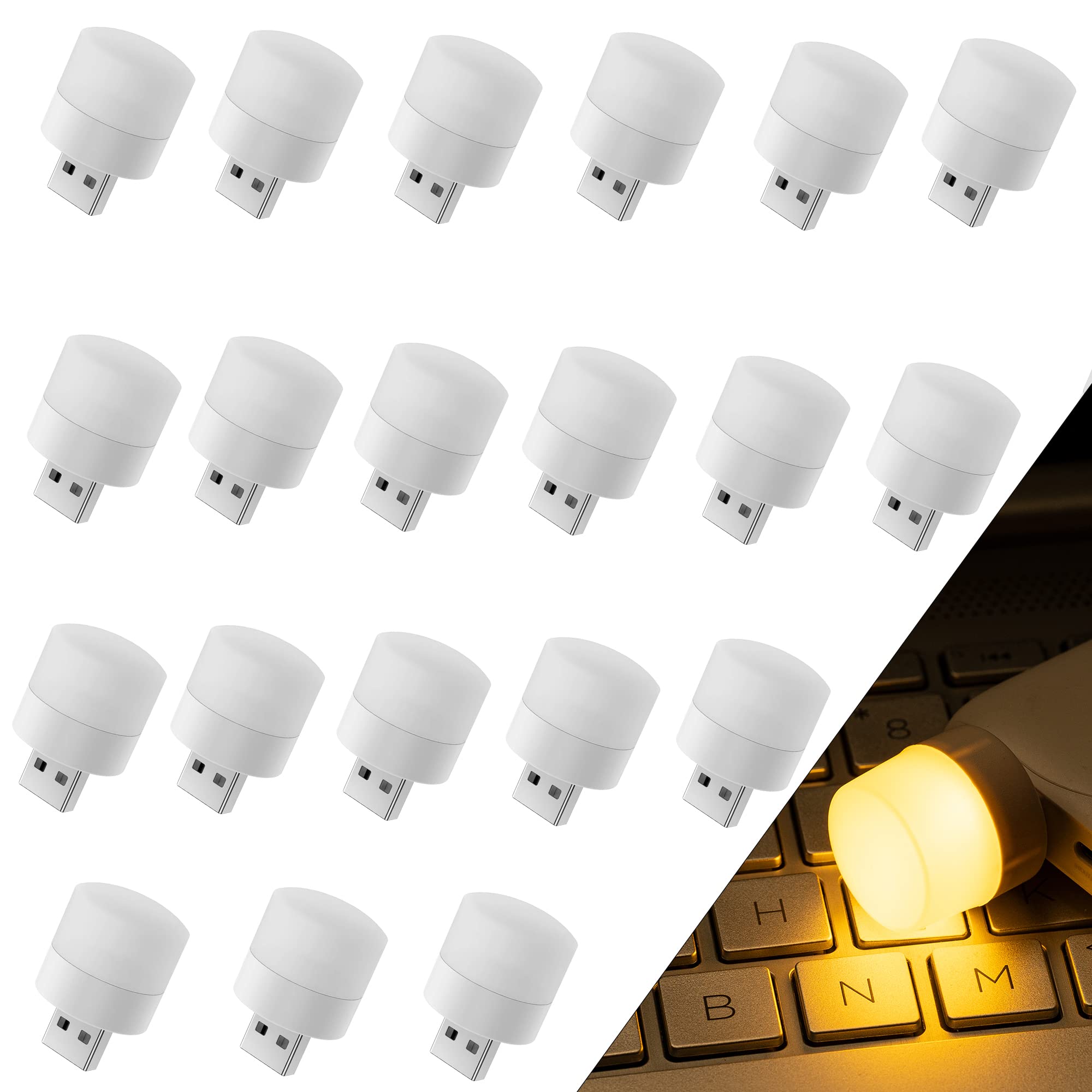 USB Night Light, Compact LED Bulb, Portable and Ambient Lighting, Mini USB Light for Car, Bedroom, Nursery, Bathroom (Warm, 20Pcs)