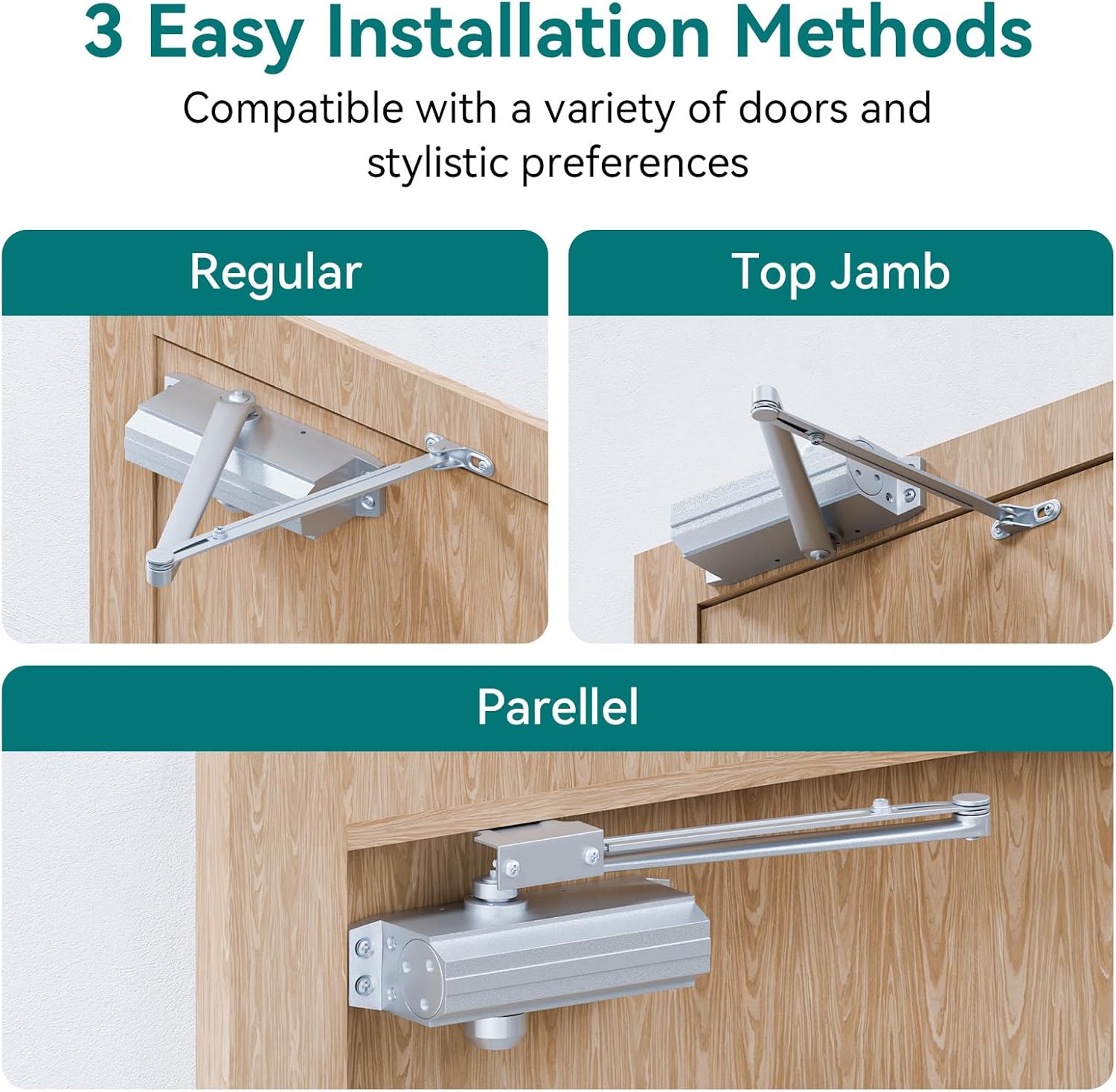 Automatic Door Closer, Adjustable Self Closing, Backcheck Function, ADA Compliant, UL 3 Hour Fire Rated, Grade 1 Heavy Duty, 2 Million Cycles, Residential & Commercial Use, Silver Aluminum