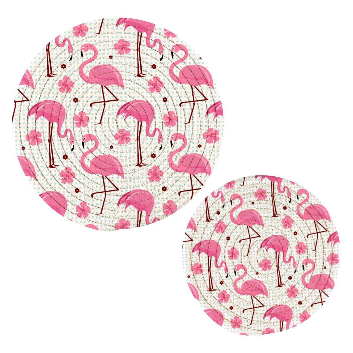 Kigai Tropical Flamingo Trivets for Hot Pots and Pans and Pot Holders 2PCS – Cotton Rope Round Mats, Hot Pads for Kitchens, Coasters, Placemats, Spoon Rest for Cooking and Baking
