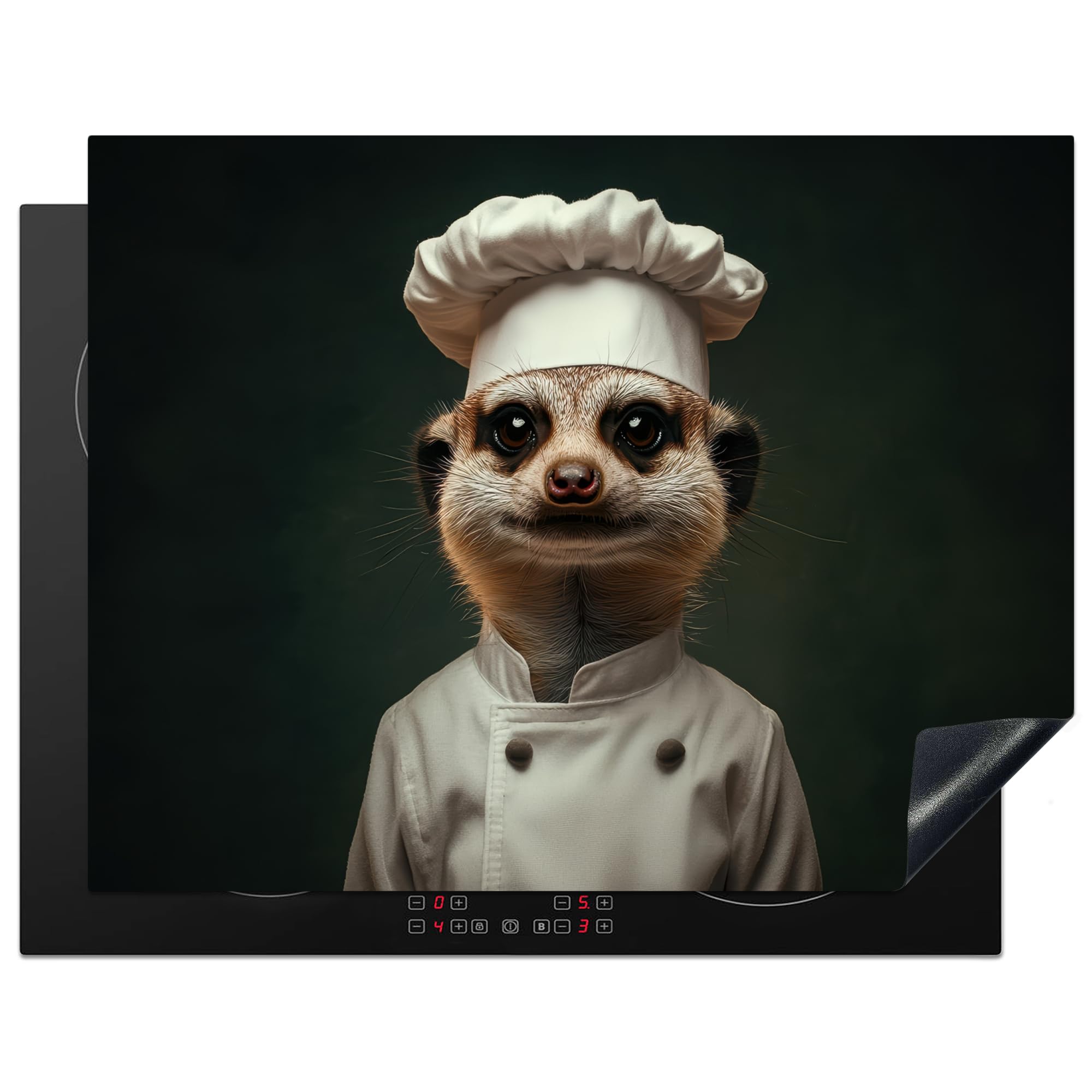 KitchenYeah© Induction Hob Cover Protector Mat 23.2"x30.3" / 77x59 cm Kitchen Universal Ceramic Covers for Electric Cookers Vinyl Animal - Chefs Hat - Meerkat
