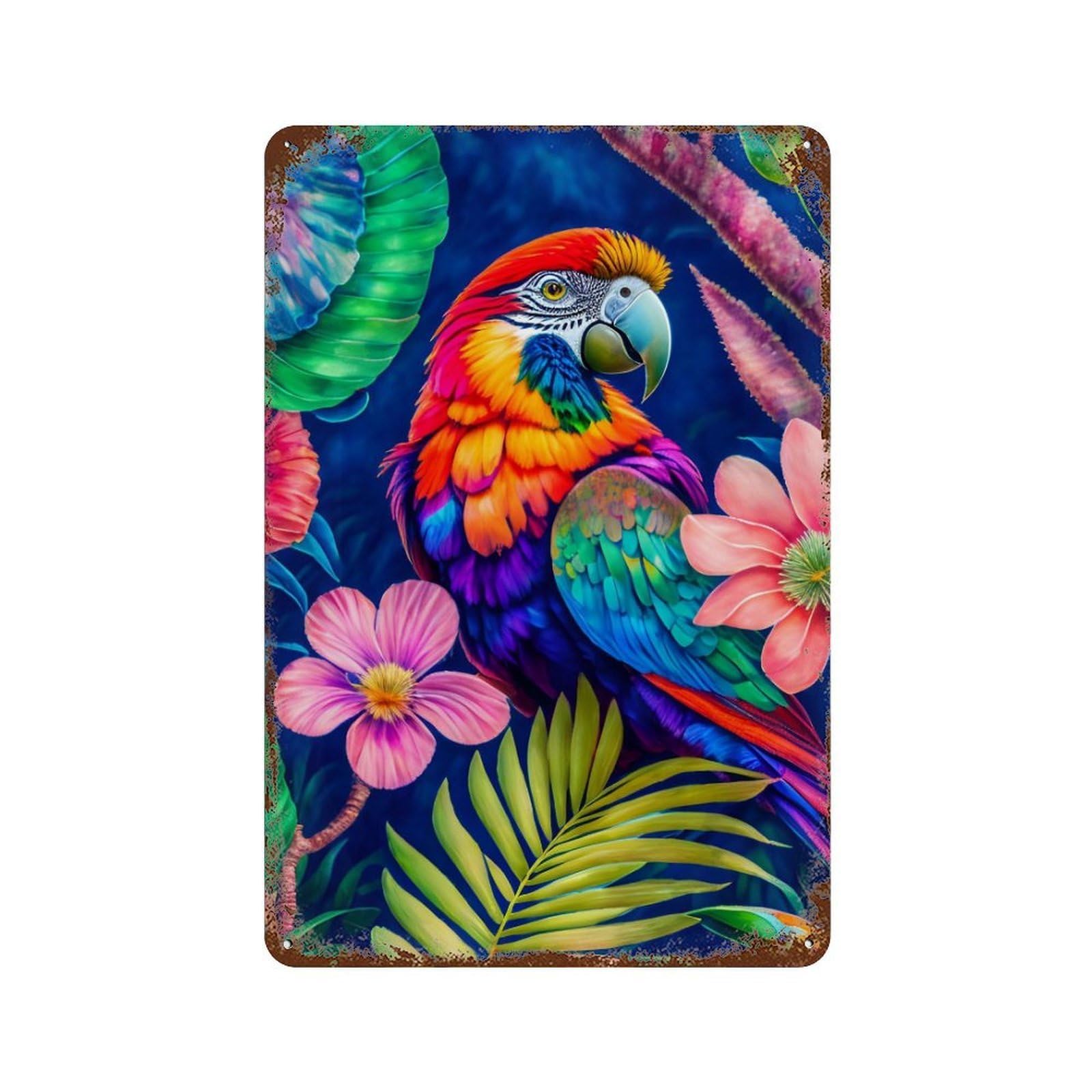 Tropical Parrot Jungle Scene Decorative Tin Sign 11.8"x7.9", Vintage Wall Decor for Garage, Pub Or Kitchen