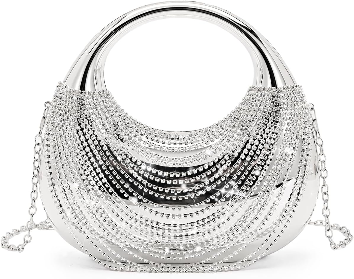 Beatfull Metallic Crescent Evening Bags for Women Sparkly Rhinestone Clutch Purse Tassel Wedding Party Prom Handbag