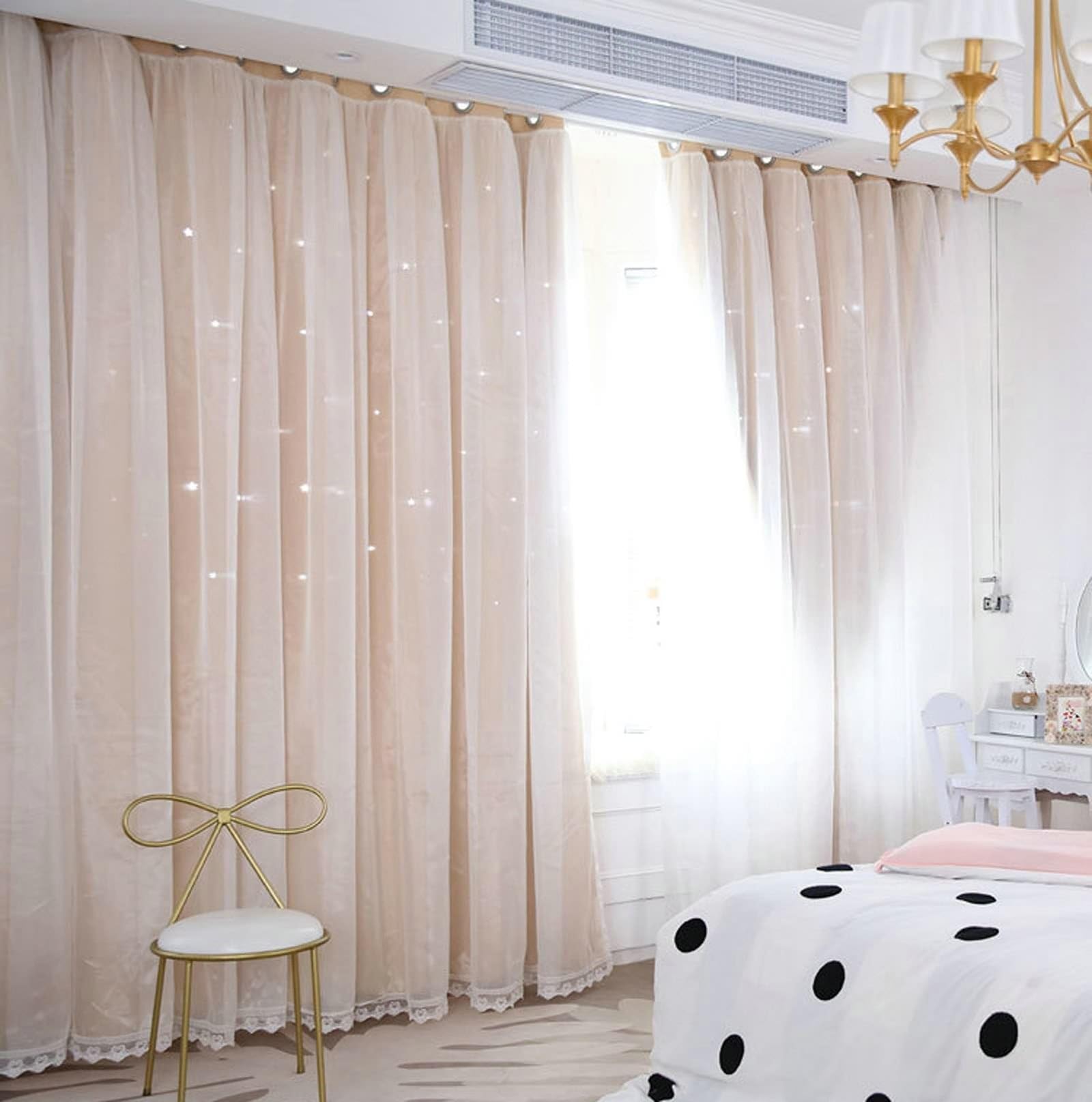 Vorhang Schlafzimmer Modern 2 Stück, Ösen Gardinen Vorhänge Verdunkelung Stern, Polyester Beige Verdunkelungsvorhang Ösen Gardinen Schals für Wohnzimmer, B 96 x H 160cm