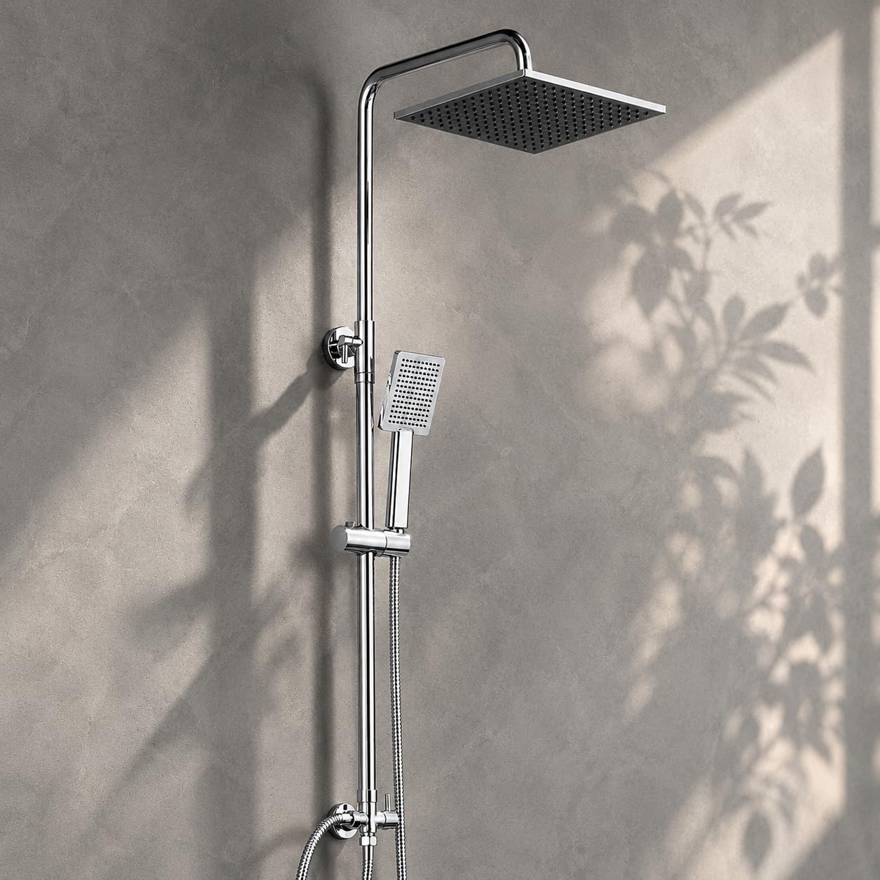 DERW Adjustable Shower Riser Rail Kit with 10" Square Rainfall Shower Head, Handheld Shower with Rotating Bracket, Rain Shower Set (Without Mixer), Anti-Leak Hose,Easy Installation for UK Bathroom