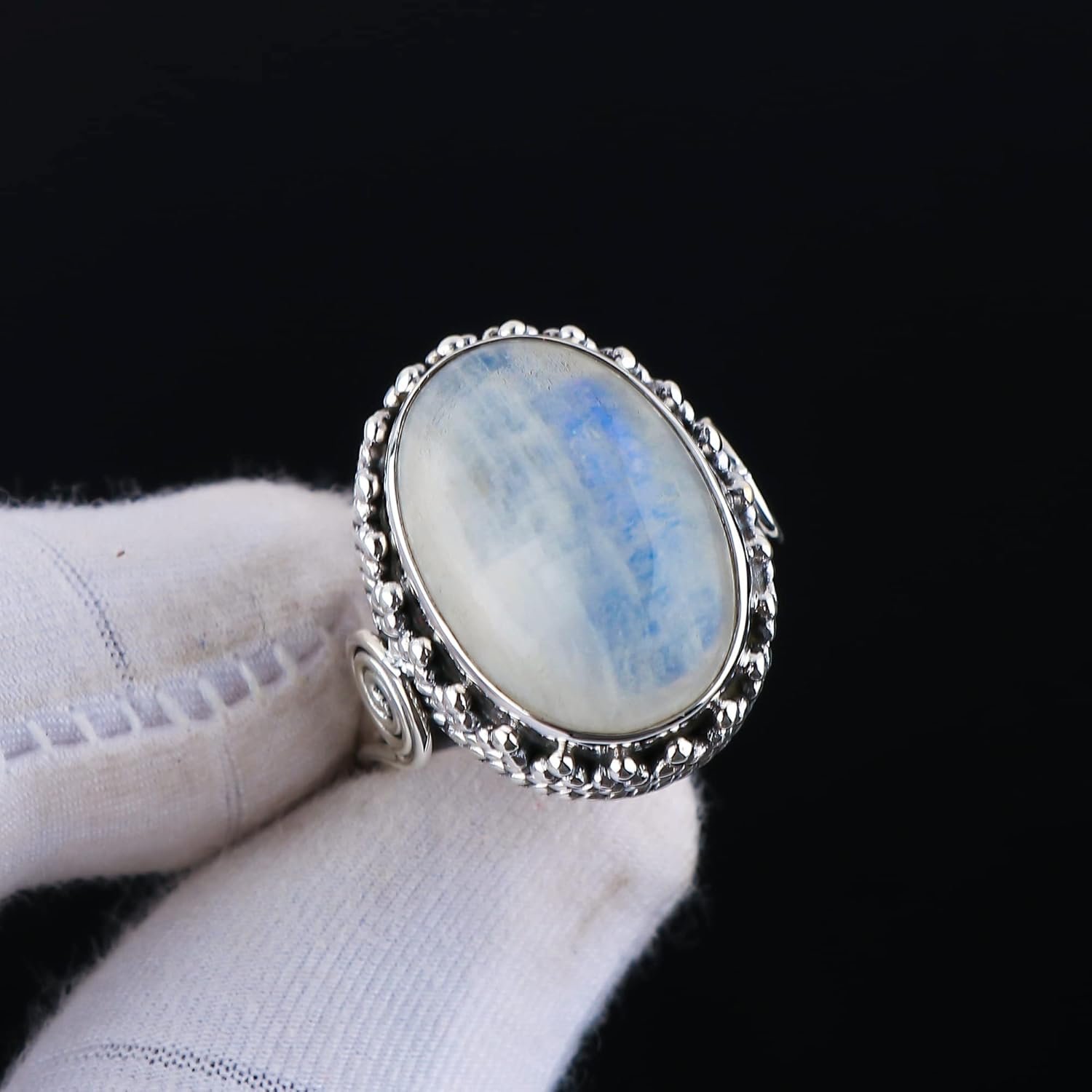 Oxidized 925 Sterling Silver Ring, Natural Rainbow Moonstone Gemstone, Handmade Ring for Women, Energy Stone, June Birthstone, Promise Victorian Minimalist Wedding Ring, Christmas Gifts - Image 5