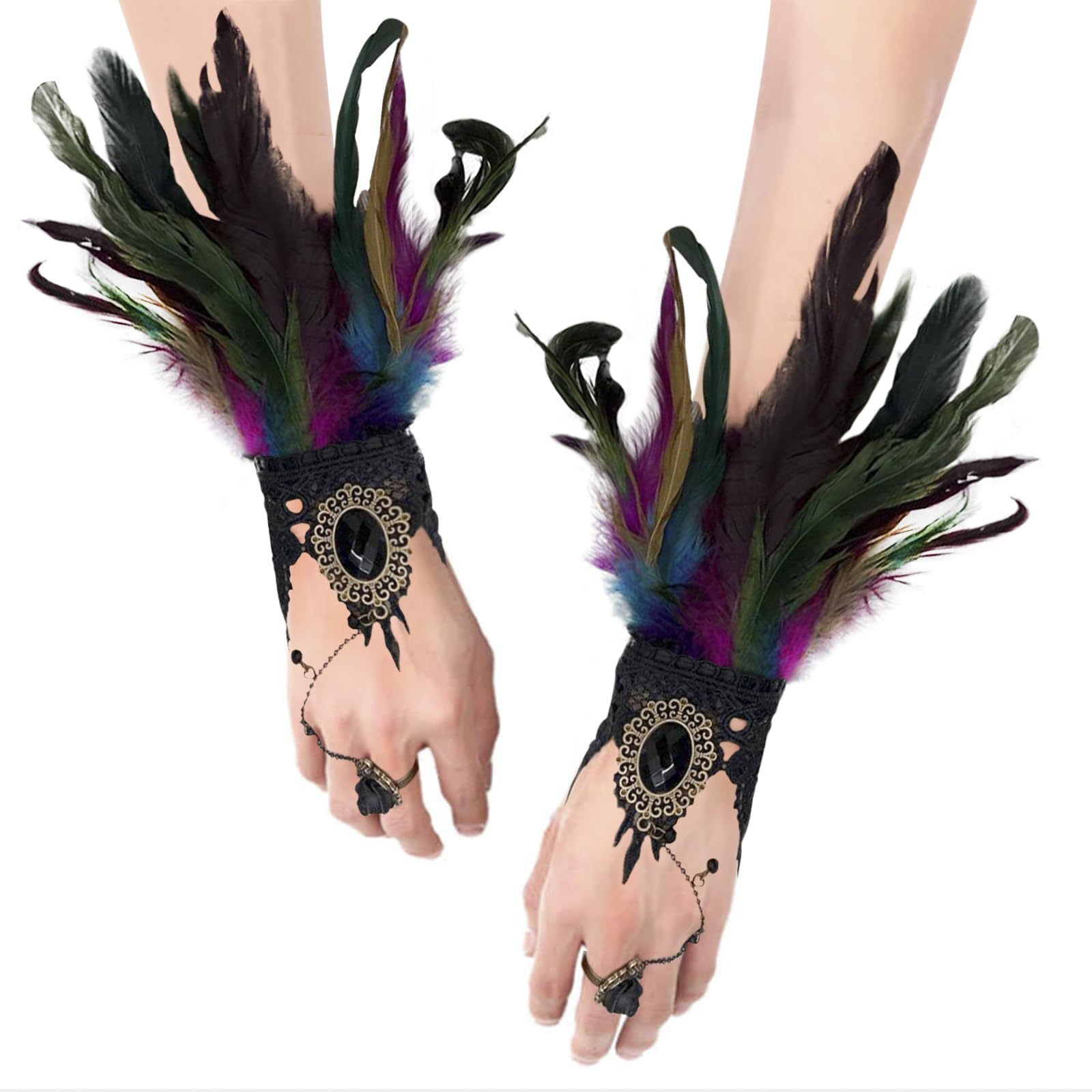 1 Pair Gothic Feather Wrist Cuffs Punk Carnival Dyed Rooster Feather Gloves Fancy Dress Cosplay Halloween Costume Witch Demon Crow Gloves - Image 2