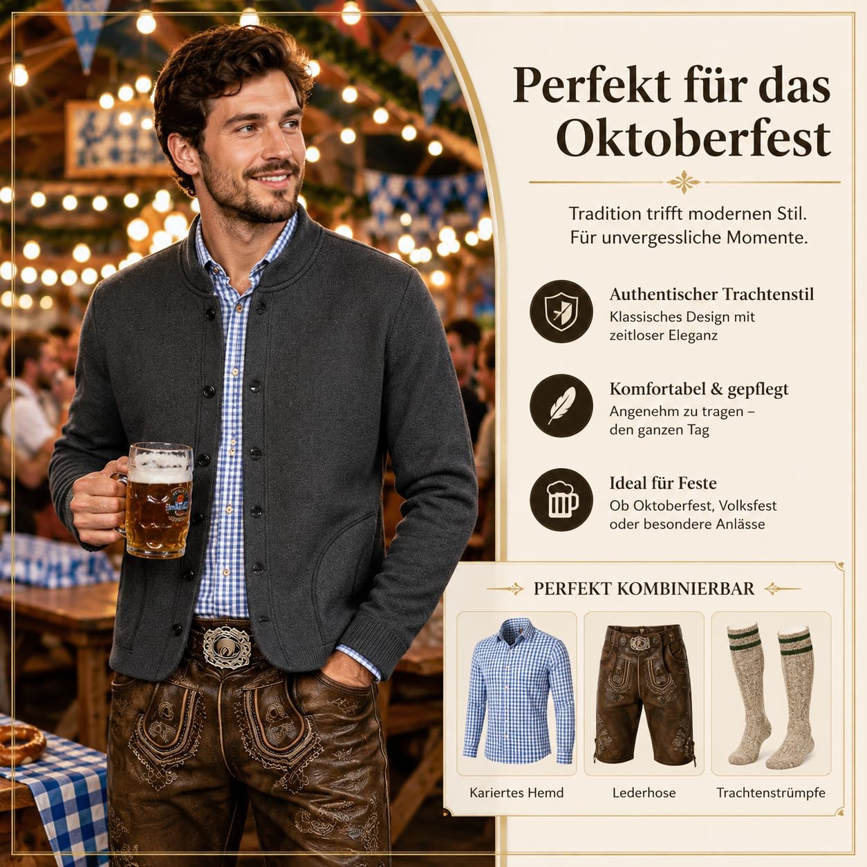 Trachtenjacke Herren - Traditioneller Trachtenjanker mit Knopfleiste, Strickjacke Herren, Oktoberfest Outfit, Lederhosen Jacke, Trachtenweste, Trachtenmode für Männer, Dunkelgrau und Grau, L-5XL