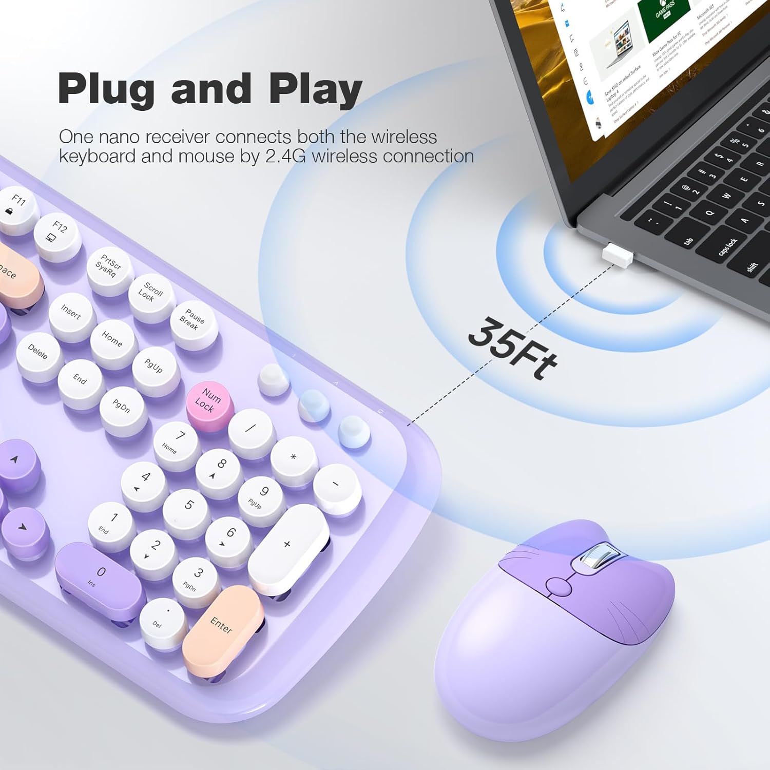 Retro Wireless Keyboard and Mouse Combo, SQMD 2.4G Typewriter Keyboard with Round Colorful Keycaps, Full-Size Office Keyboard and Quiet Mouse for Windows PC, Home, Office, and College - Purple