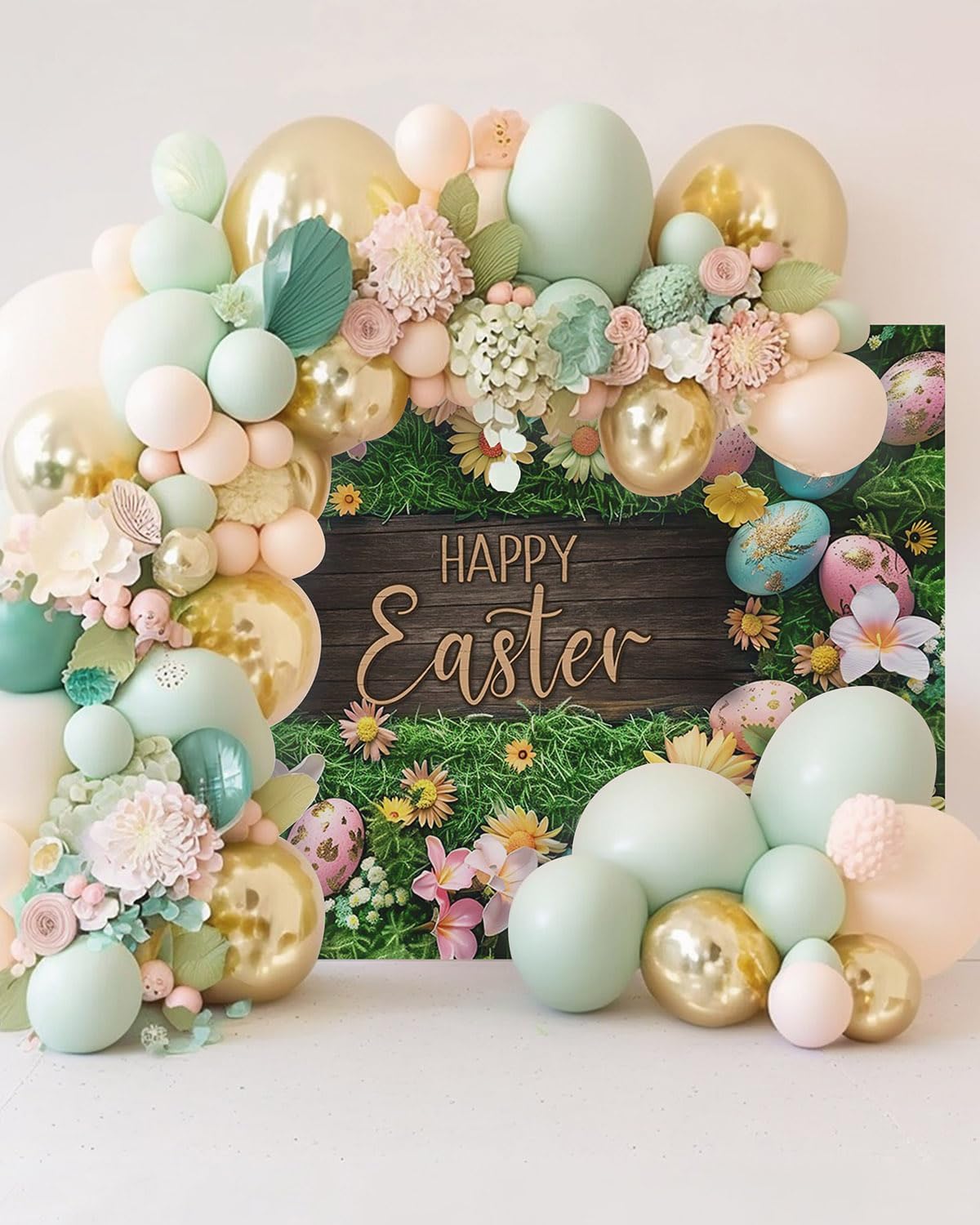 Mocsicka Happy Easter Backdrop Colorful Eggs Backdrop Easter Party Decorations Banner Floral Grass Background for Photography Photo Studio Props (Green, 10x7ft(120"x82"))