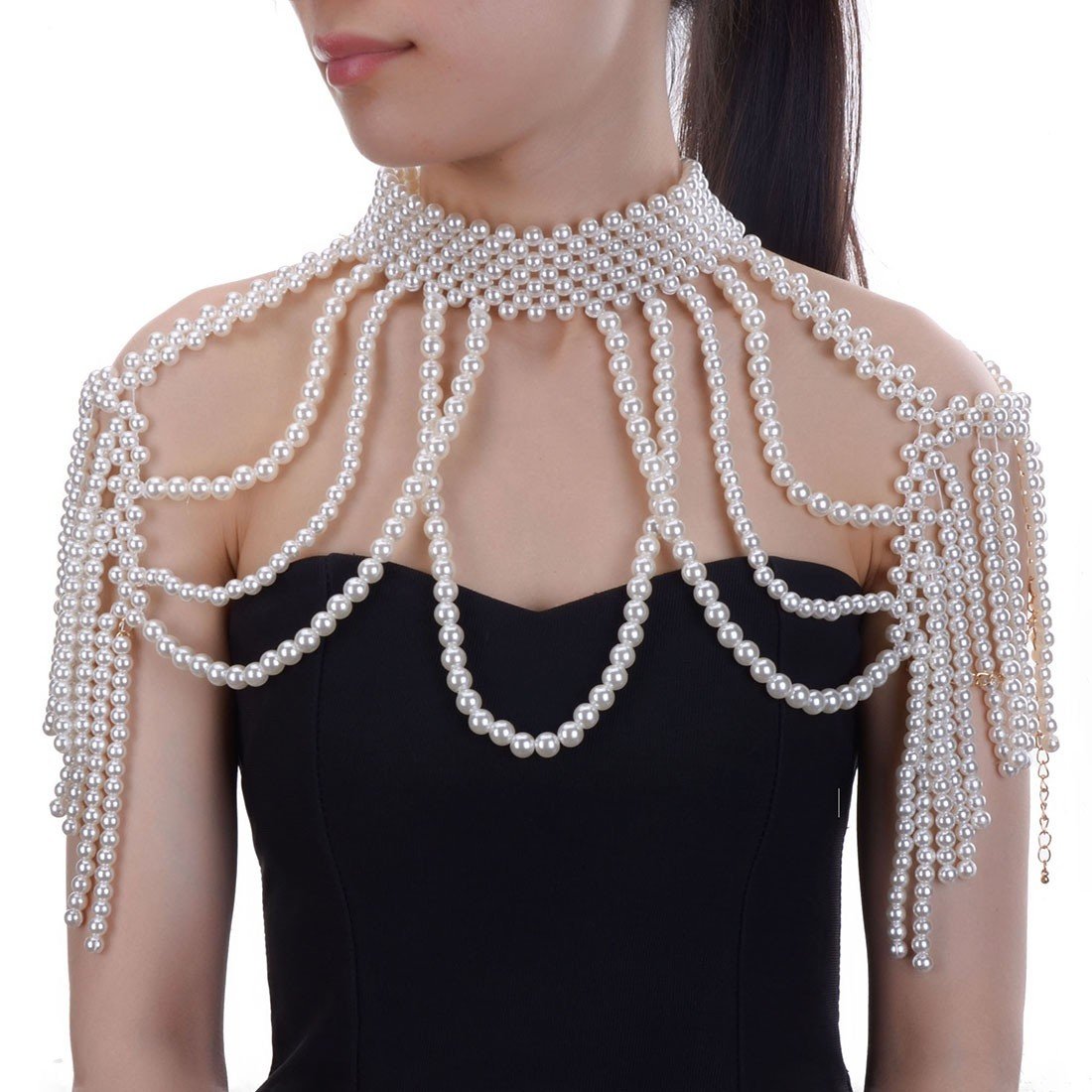 Jerollin Simulated Pearl Body Statement Necklace for Women, Fashion Collar Bib Necklaces Costume Jewelry White