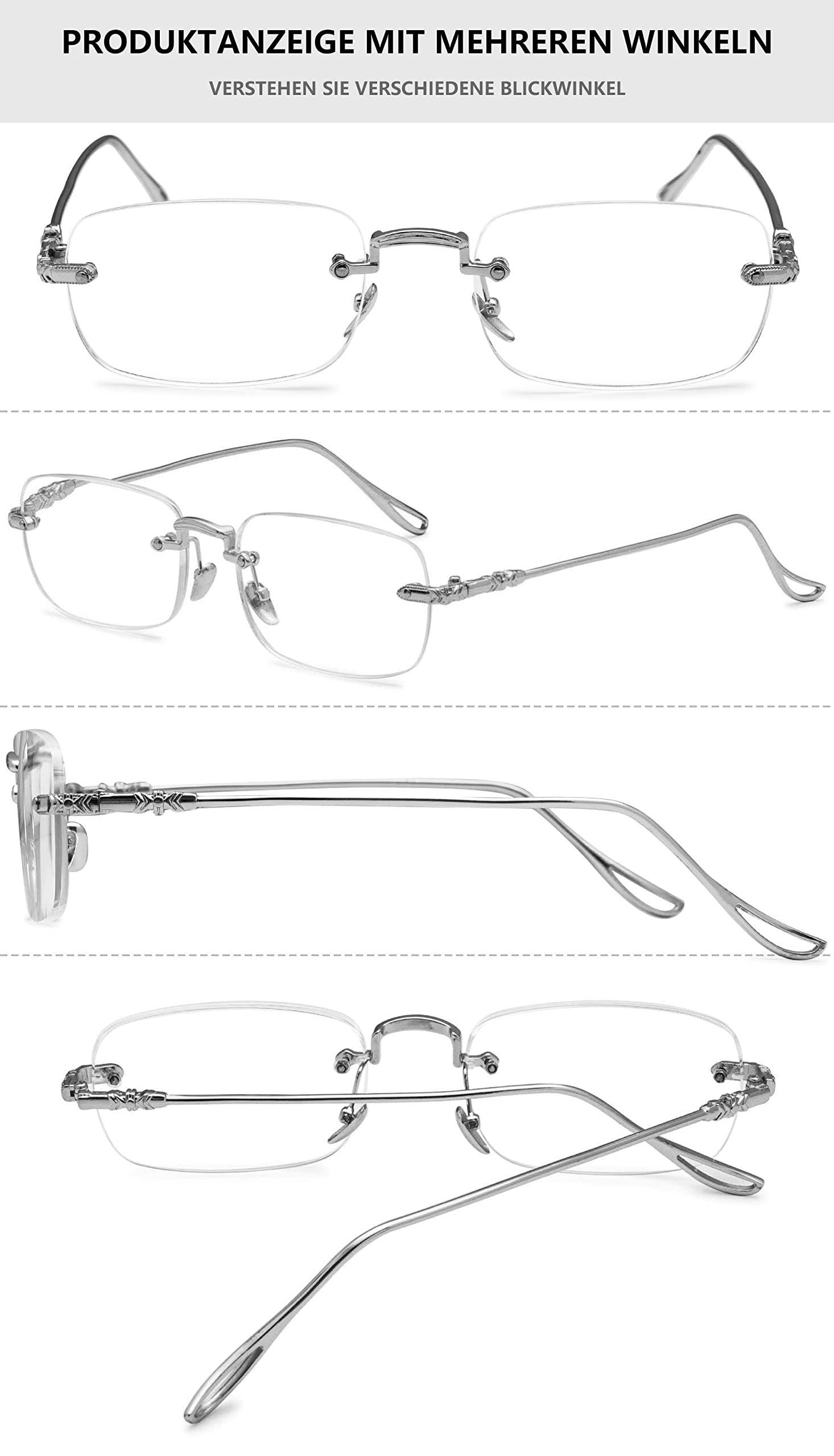 Okulary do czytania bez oprawek Męskie czytniki blokujące niebieskie światło Lekkie tytanowe okulary do gier komputerowych (Color : Silver, Size : 3.5 Dioptres)