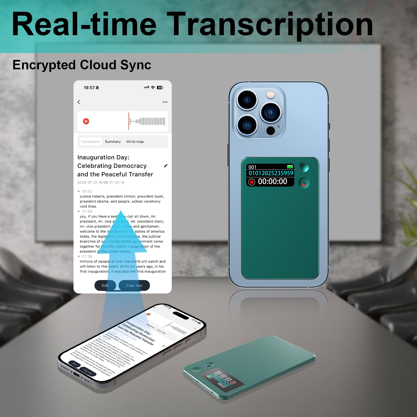 Dyktafon AI z transkrypcją ChatGPT, pamięć 64 GB, obsługa języków 112, czas nagrywania 30 godzin, sterowanie aplikacją mobilną do wykładów, spotkań, rozmów