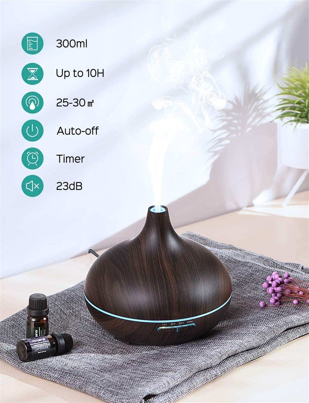 Diffusore di olio essenziale, diffusore di aromaterapia da 300 ml, set regalo dell'umidificatore di umidificatore aromatico fresco, impostazione 4 timer, BPA- Auto-off gratuito, senza acqua, 7 co