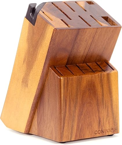 Coninx Bloque universal para cuchillos con afilador integrado, soporte organizador de cuchillos de madera de acacia de 15 ranuras para encimera de