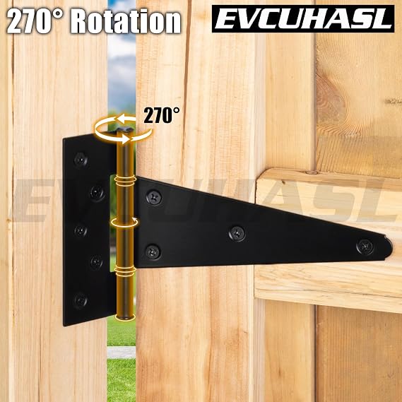 8 Inch T-Strap Gate Hinges, Shed Barn Door Hinges Heavy Duty, Black Tee Hinges for Wooden Fences, Yard Gate, Wrought Hardware Iron Rustproof (2 Pack/Set)