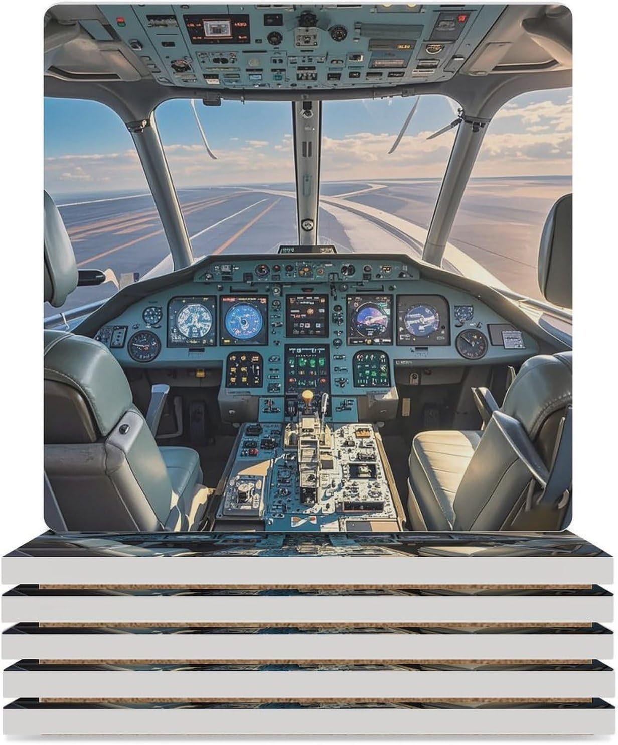 Airplane Cockpit Coasters Absorbent Ceramic Coasters for Drinks Coaster with Cork Backing for Table Protection Square Drink Cup Mat Modern Style Coaster for Coffee Table
