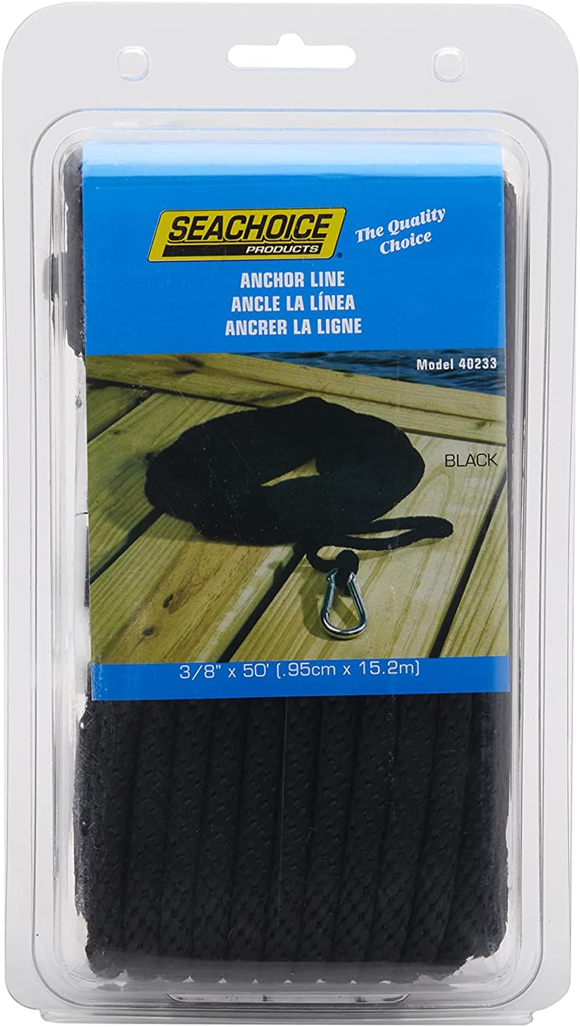 Seachoice Double-Braid Nylon Anchor Rope - 1/2 Inch X 150 Feet, Black, With Galvanized Thimble