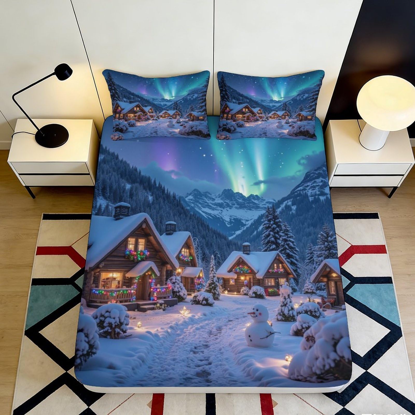 3D Printed Snow Village Fitted Sheet Microfiber Deep Pocket Non-Slip for Bedroom Bedding Winter Scene Mattress Fitted Cover Washable 200x200x25cm
