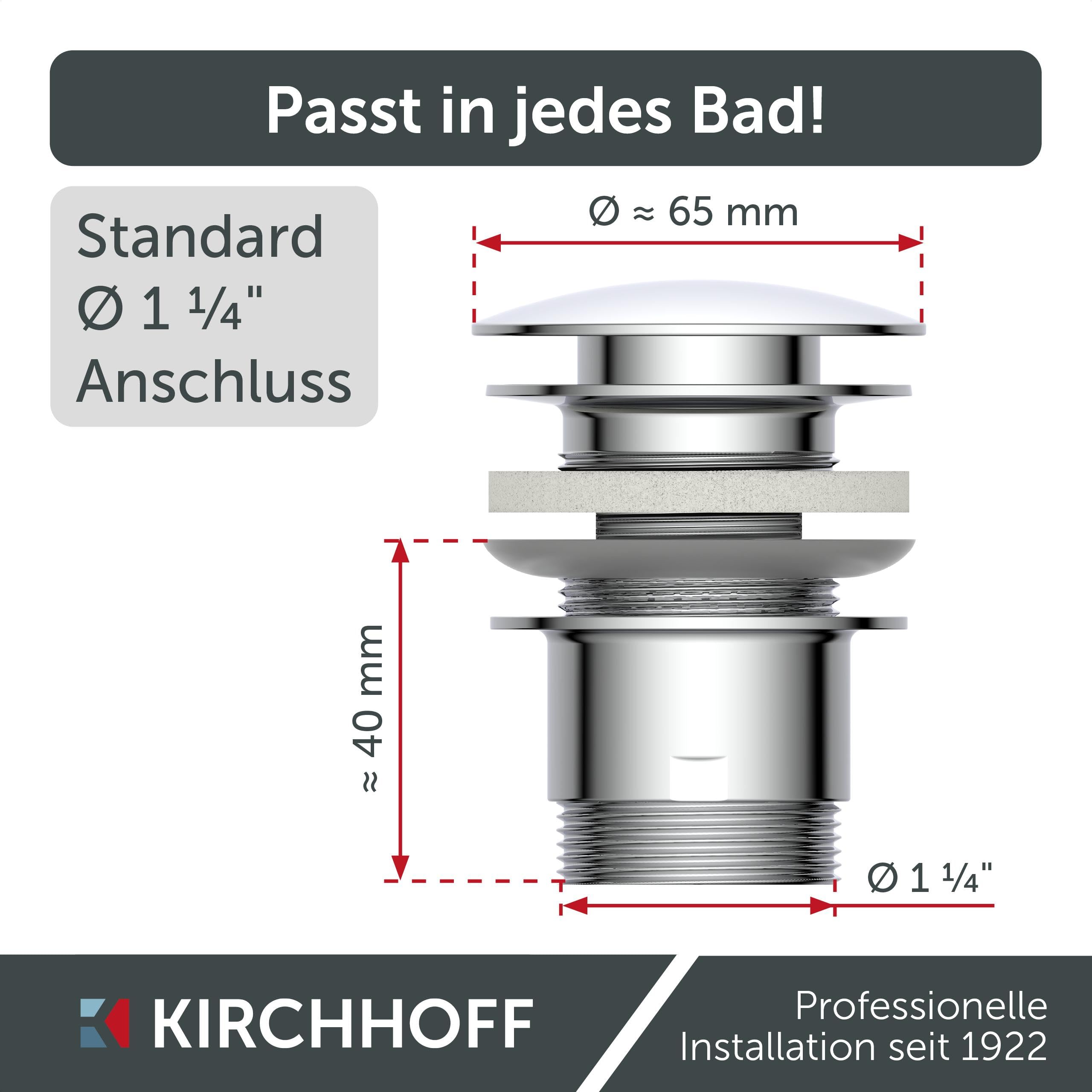 KIRCHHOFF Design Universal Waschbecken Ablaufgarnitur, Pop Up Waschbeckenstöpsel, Ablaufventil mit Überlauf, Abfluss Stöpsel für Badezimmer Waschbecken & Waschtisch, Chrom 98807330 | Pop Up Waschbeckenstöpsel, Ablaufventil mit Überlauf, Abfluss Stöpsel fü