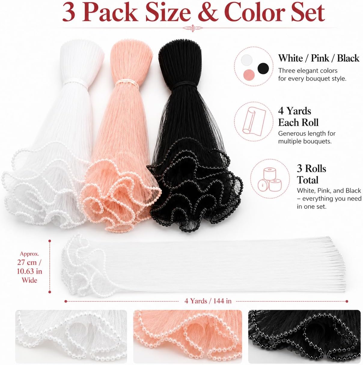 3 Pack Floral Wrapping Mesh Paper 4 Yards, White Black Pink Pearl Edge Wrinkled Translucent Bouquet Packaging Paper for Flowers, Florist Supplies, Wedding, Gift Wrapping, Valentine's Day, DIY Crafts
