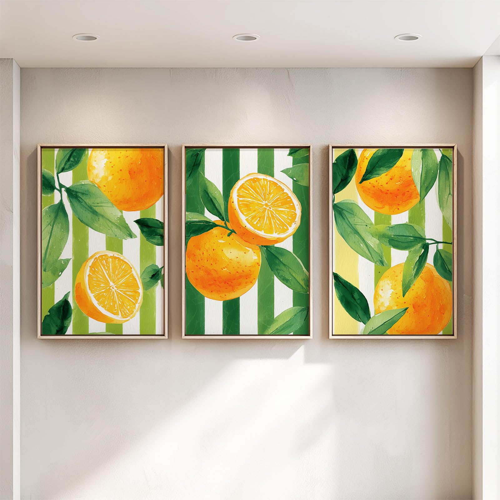 3-teiliges Wandbild Leinwand Set 50 x 70 cm, Ohne Rahmen Triptychon Ästhetische Kunstdrucke Frucht Streifen für Wohnzimmer & Schlafzimmer, Mediterran Orange Zitrus Sommer Hell Frisch
