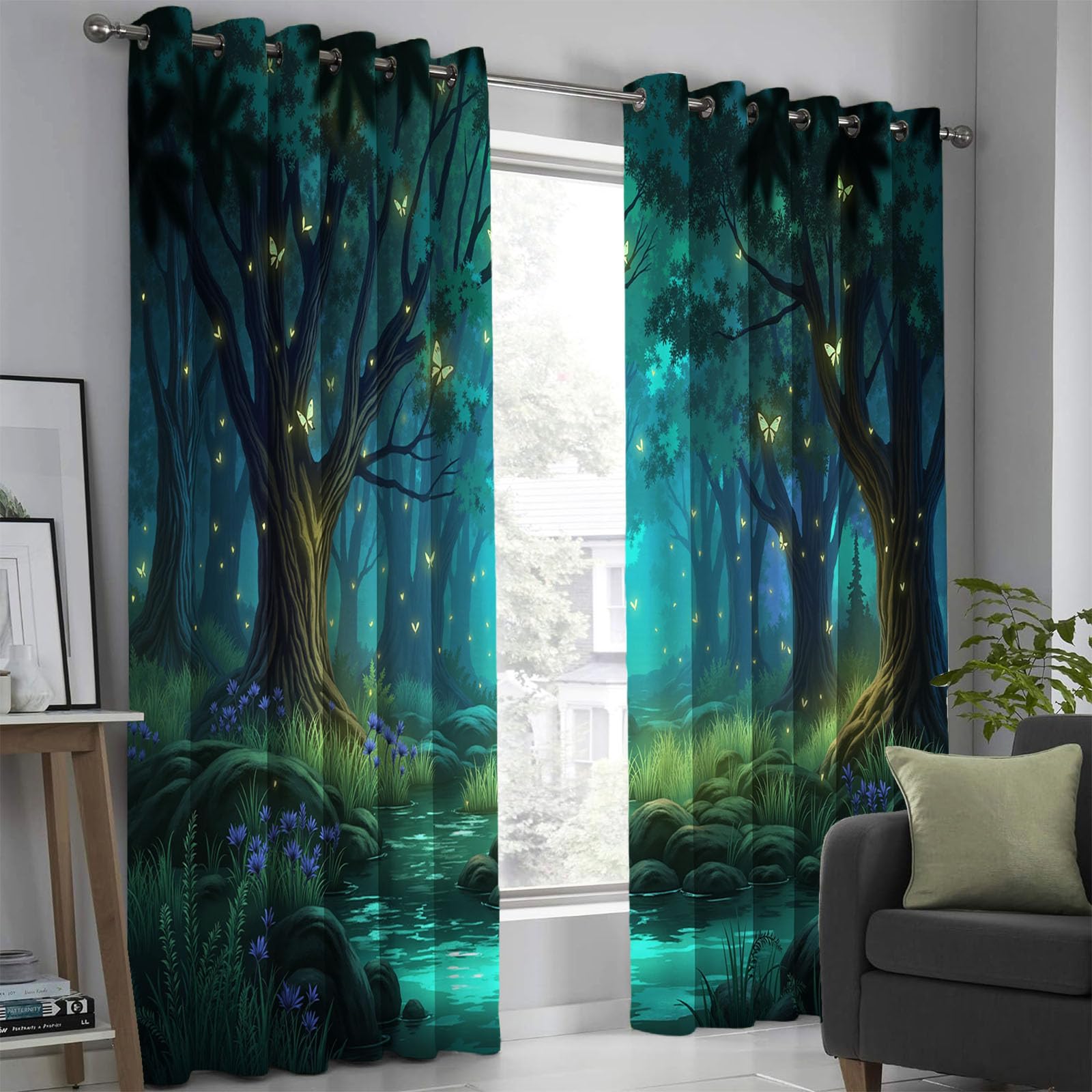 Rideaux occultants vert foncé pour salon et cuisine occultation paysage mystique