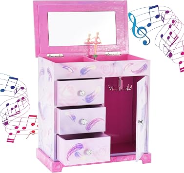 Jewelkeeper Pink and Purple Ballerina 3 Drawers Jewelry Box for Girls - Little Girls Wooden Jewelry Box with Necklace Carousel - for Kids or Teen Necklaces and Accessories