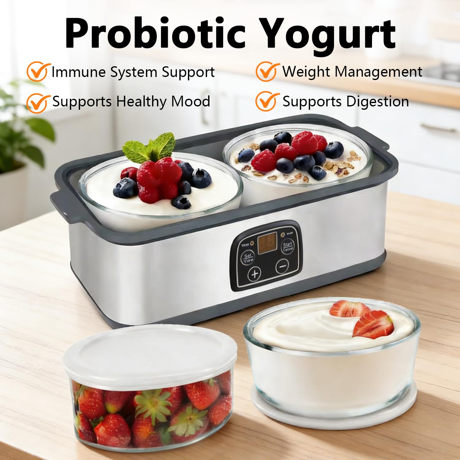 Automatischer Joghurtmaschine, 2L Einstellbare Temperatur & Timer Elektrischer Joghurtbereiter mit LED-Anzeige und 2 Glasbehältern, Ideal für Zubereitung Bio-Joghurt, Milchprodukten, Käse, Natto