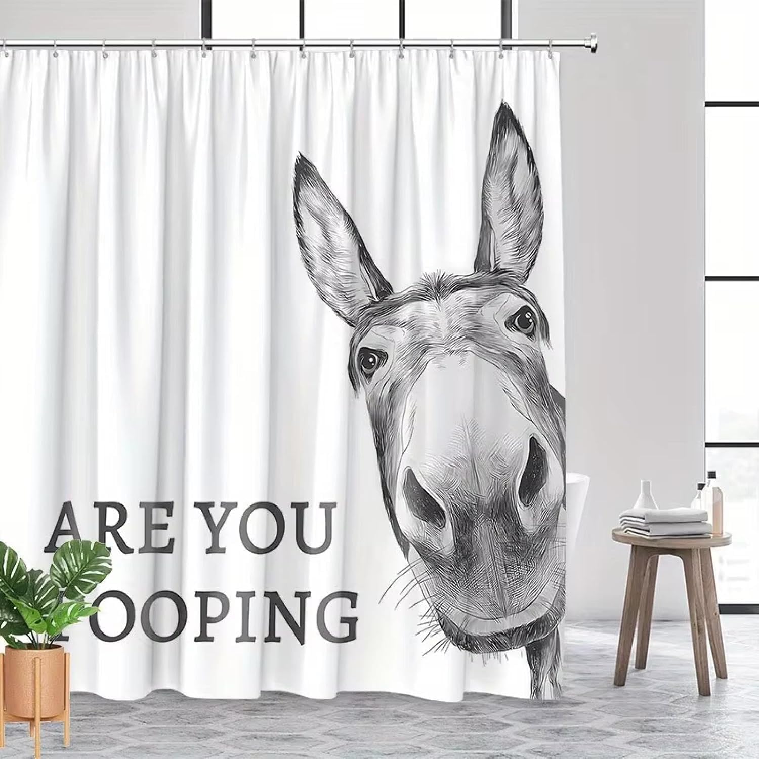 Funny Donkey Shower Curtain 87x75in-220x190cm/WxL, are You Pooping?, Black and White Fun Cute Animal Wildlife Shower Curtain Set, Washable Farmhouse, Hooks Included, Humorous Bathroom Decor