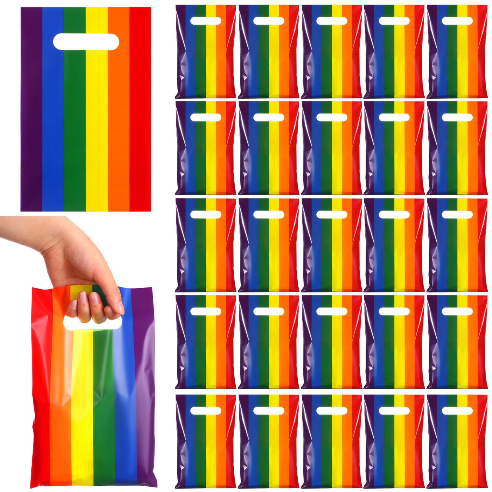 Engrowtic 100 Pcs Gay Pride Day Rainbow Gift Bags with Handle Lgbt Party Favor Reusable Rainbow Striped Plastic Snack Treat Goody Candy Bag for Summer Birthday Wedding Party Supplies 9.84'' x 6.5''