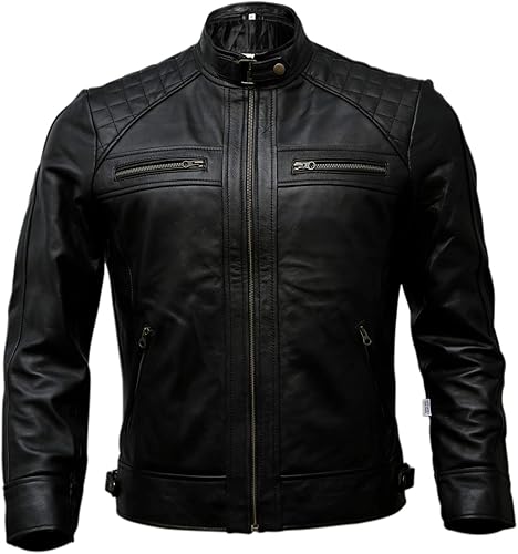 Chaqueta de motociclista de cuero genuino para hombre, color negro, vintage marrón envejecido de piel de cordero para hombre