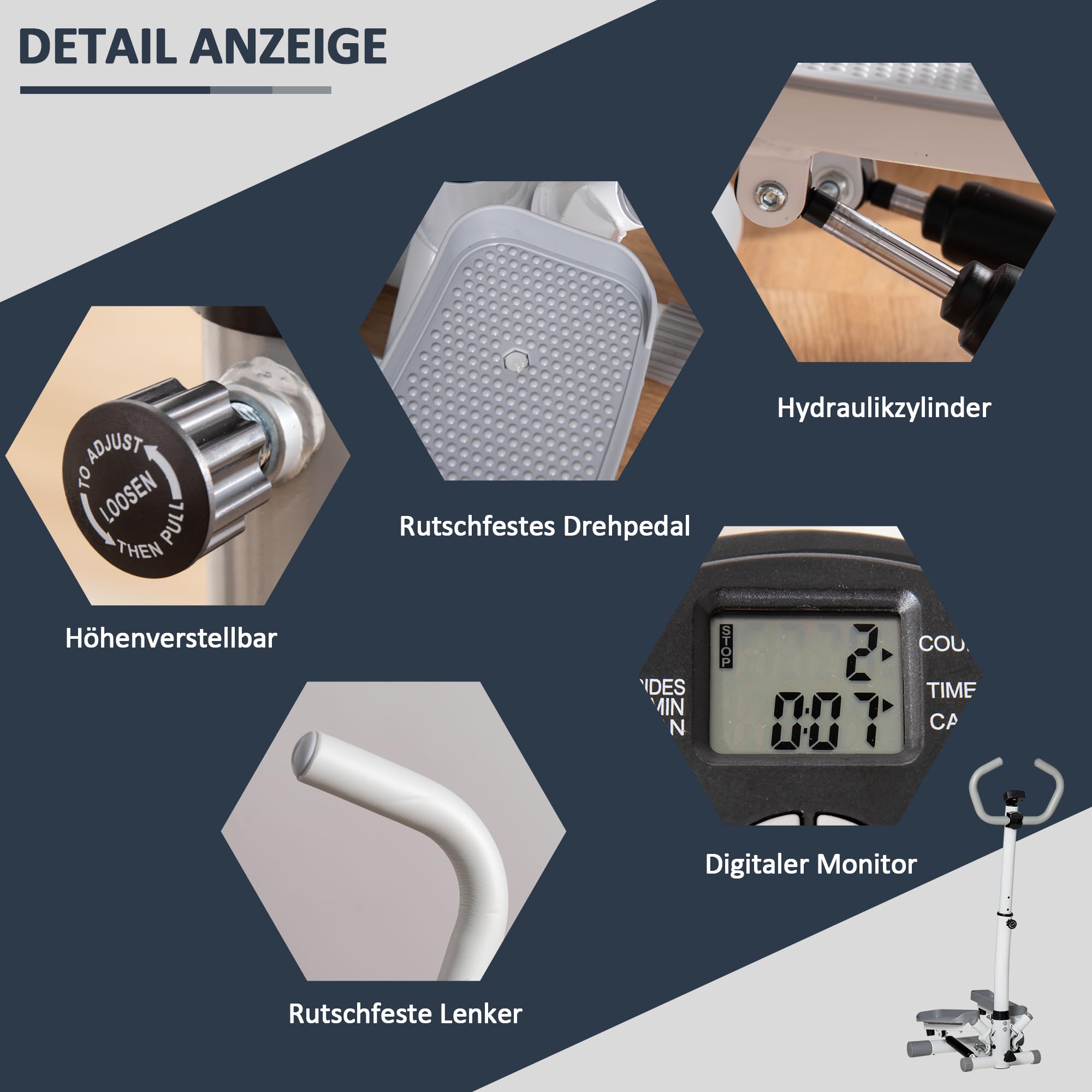 HOMCOM Stepper mit Handgriff Fitness Heimtrainer für Zuhause klein Fitnessgerät für Bein- und Po-Training mit LCD-Bildschirm einstellbare Geschwindigkeit Metall ABS 55 x 53 x 118-128 cm
