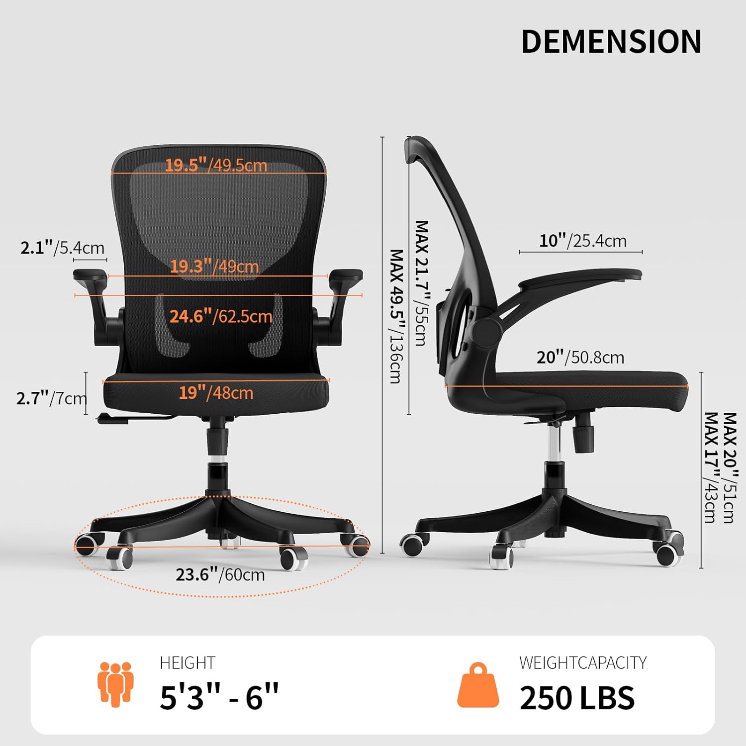 Monhey Ergonomic Office Chair with Lumbar Support, Adjustable Height, 2D Flip-up Arms, Breathable Black Mesh, Comfortable Desk Chair Chair for Home, Office, Study & Gaming - Image 2