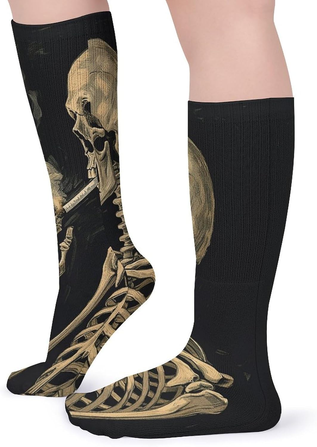 A Skeleton with Burning Cigarette Crew Socks Cozy Casual Calf Socks Lightweight Long Work Sock Breathable Athletic Sock for Hiking Sports Running 5 Pairs