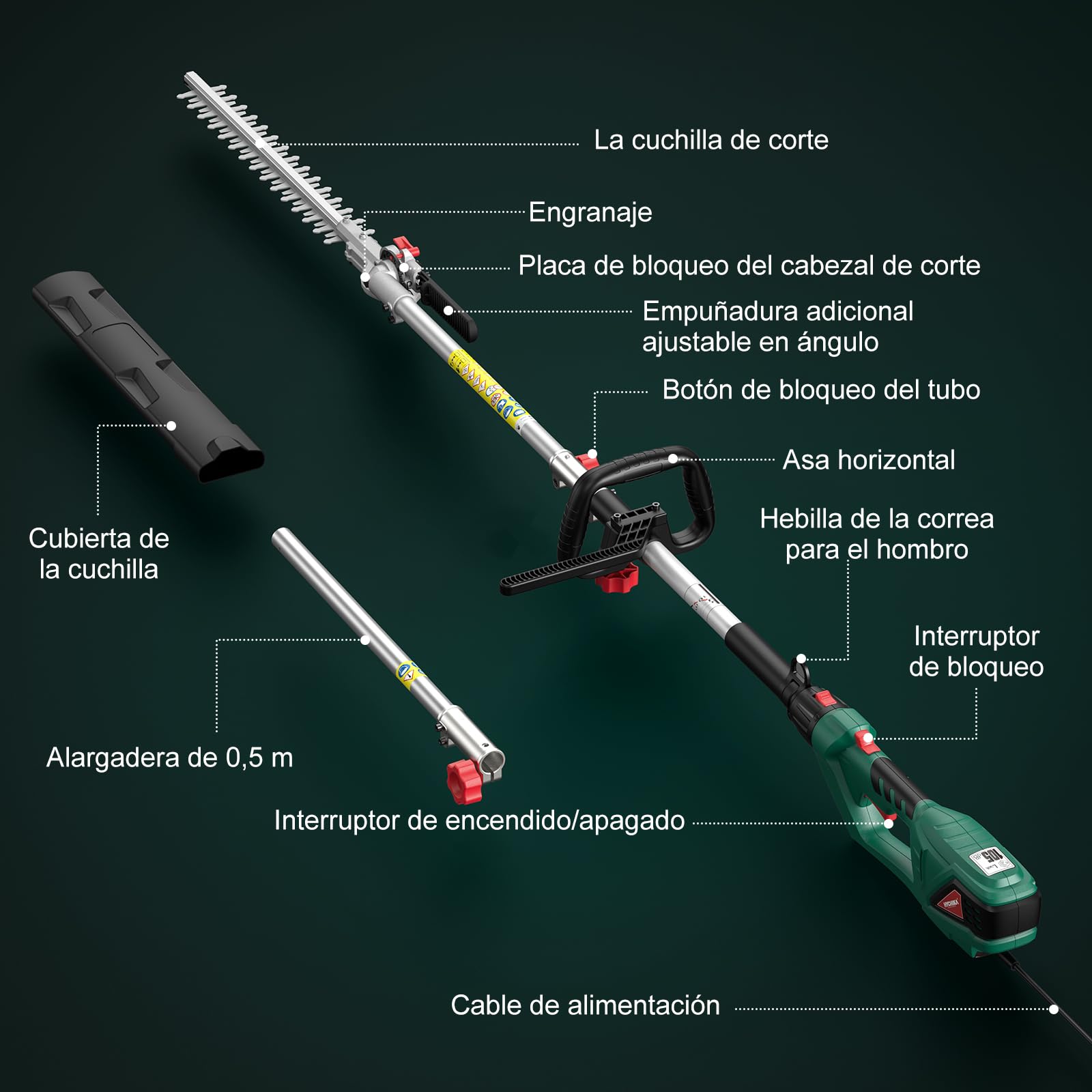 HYCHIKA Cortasetos Electrico Telescopico 900W, Cortasetos Telescopico, Extensible 200-250 cm, Cabezal Pivotante +90°~-45°, Doble Interruptor y Doble Asa, para Podar Césped, Arbustos y Setos