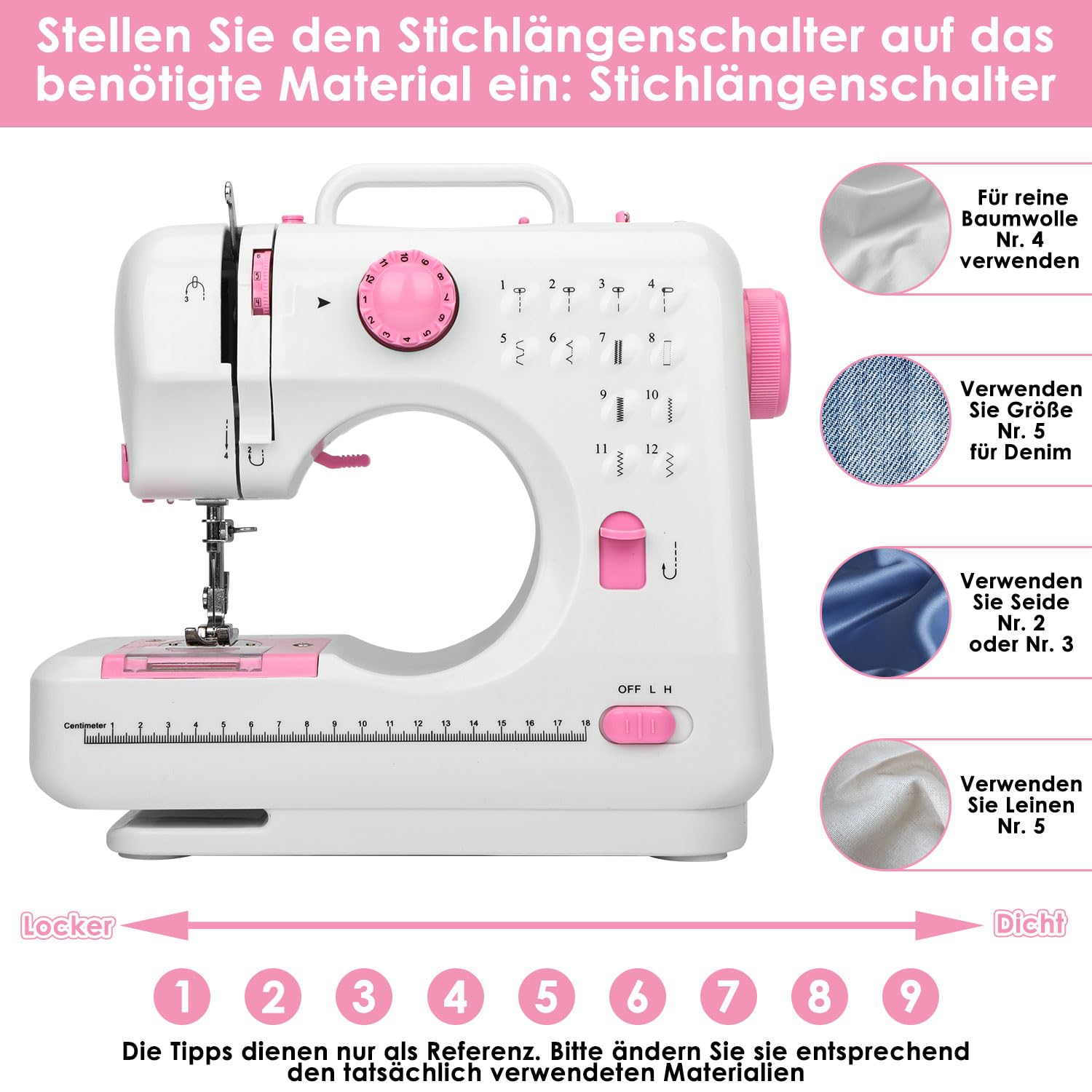 Mini Nähmaschine für Anfänger mit 12 Stichen, LED Licht, Rückwärtsnähen, automatischem Spulen, leiser Motor, kleine Nähmaschine 28x12x24 cm, kompakte kleine Nähmaschine für Zuhause