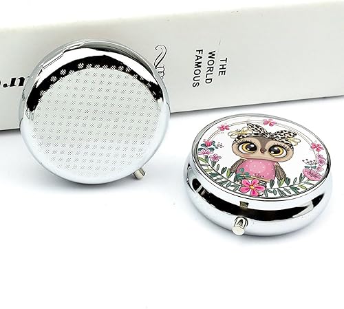 Miniatura 4 de Pastillero de búho lindo organizador de píldoras de viaje, pastillero decorativo de metal para billeteras de bolsillo, almacenamiento diario