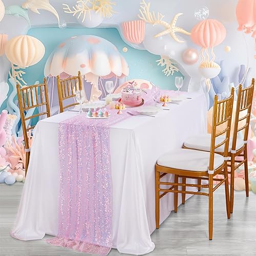 Miniatura 6 de Camino de mesa de lentejuelas rosas con secuencia iridiscente, tela con purpurina de 25 x 120 pulgadas para baby shower, boda, fiesta de cumpleaños,