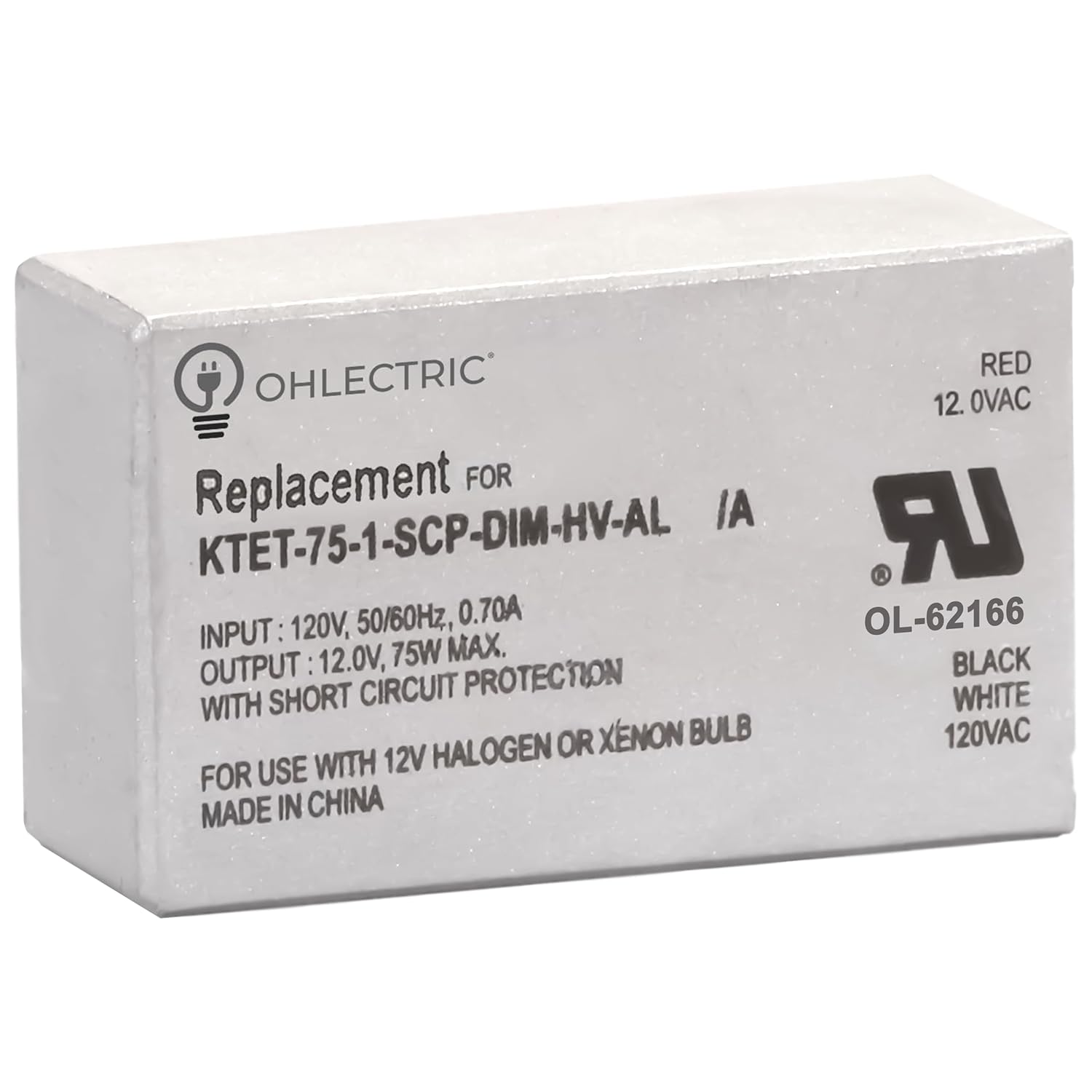 Replacement for Keystone KTET-75-1-SCP-DIM-HV-AL Dimmable Electronic Transformer – 75W High-Performance 120V Input, 12V Output - Compact Aluminium Case, Ideal for Track & Recessed Lighting