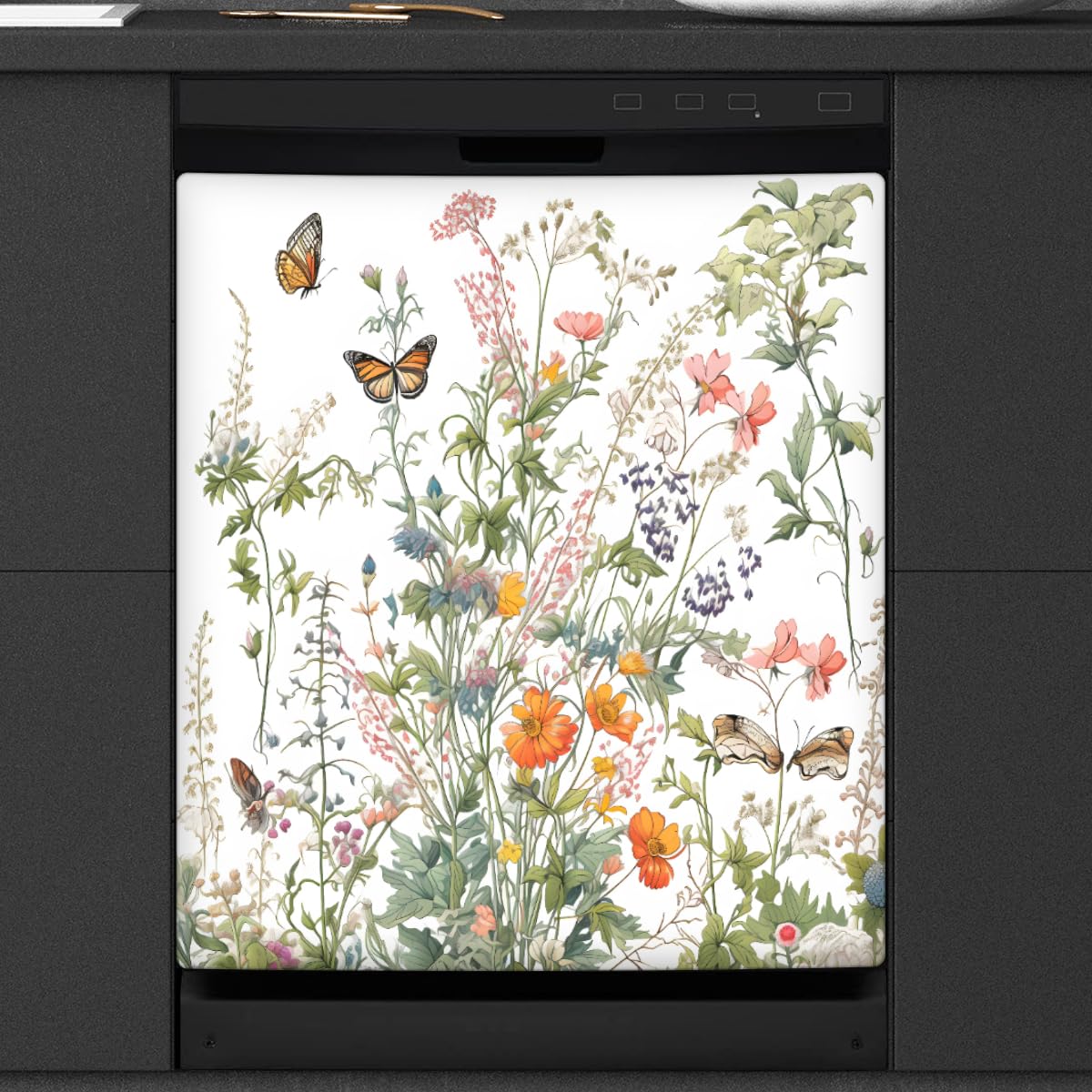 Dishwasher Magnet Cover Wildflowers Flower Leaves Butterfly Reusable Dishwasher Magnetic Cover Sticker Decorative Dish Washer Door Cover Panel for Home Kitcen Appliance