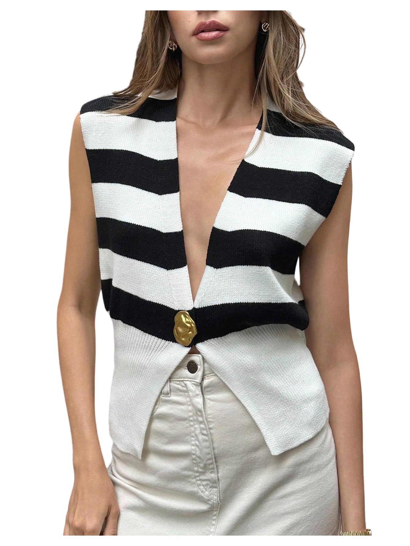 GORGLITTER Womens Striped Sleeveless Sweater Vest Metallic Button Down Dressy Cropped Knit Sweaters Cardigan Tops